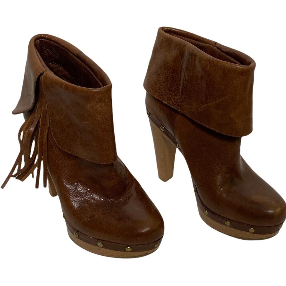 INC Brown Leather Fringe Wood Platform Ankle Boot 8 Studded Boho Festival Folk
